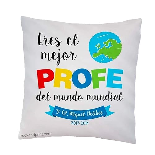 Regalo Mejor Profe del mundo. Cojín personalizado 40x40 cm. Incluye relleno. Elige color. Fin de curso, Guardería, Colegio, Primaria, Graduación. Cojines originales. profesor mundial. Maestro. Seño.: Amazon.es: Handmade