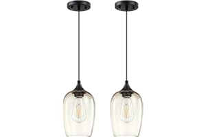 CJY CHENJINYAN 1 Light Hanging Indoor Kitchen Island Pendant Light 5.3" Glass Pendant Ceiling Light Fixtures Black Finish Farmhouse Dinning Room Over Sink Bedroom Bedside (Amber Glass, 2 Pack)