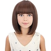 PATTNIUM Kids Short Brown Bob Wig Child Girls Chocolate Brown Bob wig with Bangs Cosplay Party Synthetic Wig Rose Net Daily Wear Wig