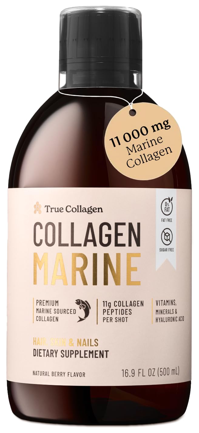 True Collagen Marine | 11,000 mg Hydrolysed Collagen Liquid Supplement - 500 ml, 20 Day Supply | Hyaluronic Acid, Biotin and Vitamin C for Healthy Hair, Skin and Nails | Sugar-Free & Fat-Free