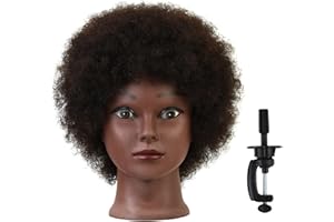 YANTAISIYU Afro Mannequin Head with 100% Human Hair Curly Hair Hairdresser Hair Styling Manikin Head Cosmetology Doll Head for Display Practice Braiding Styling with Clamp Stand