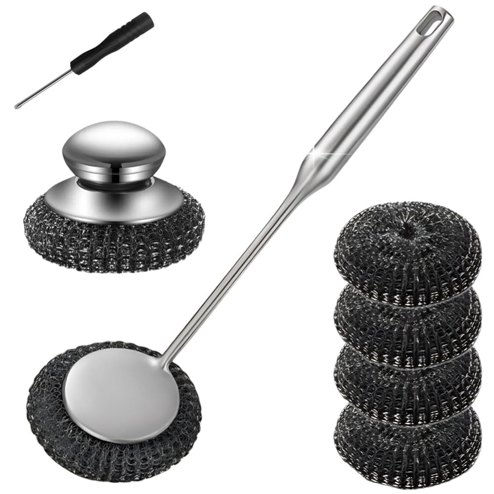 Photo 1 of Steel Wool Scrubber with Handle: 7Pcs Stainless Steel Scrubber Brush Set – 1 Long Brushes,1 Short Brushes,4 Replaceable Pads,1 Screwdriver for Home Cooks,BBQ Enthusiasts,Anti-Scratch,for Kitchen