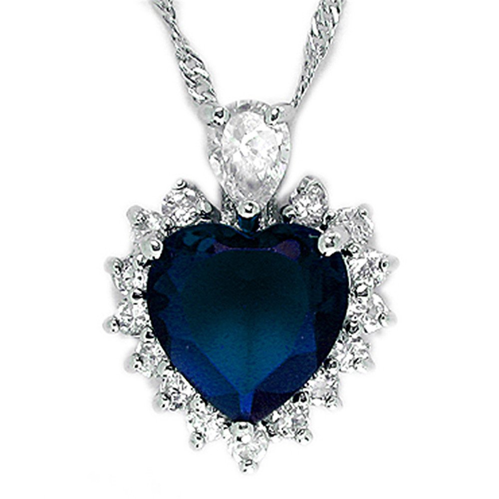 RIZILIA Ocean Heart Pendant with 18" Chain & Heart Cut Gemstones CZ [Blue Sapphire] in 18K White Gold Plated, Simple Modern Elegance