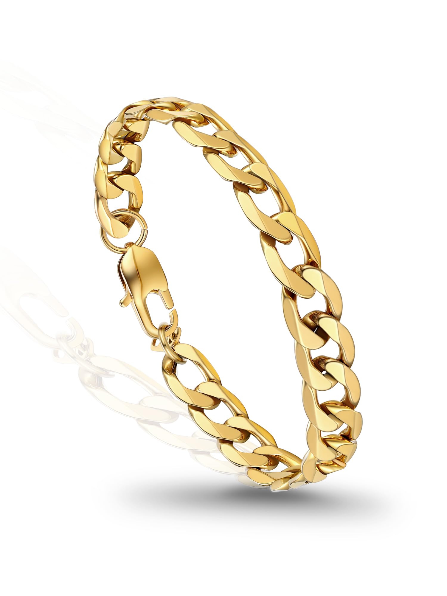 PROSTEEL Mens Bracelet - Stylish Flat Cuban Chain Wrist Link Bracelets Hypoallergenic 316L Stainless Steel Hip Hop Jewellery for Men Boys Gold Plated 21CM Length 9MM Width (with Gift Box)