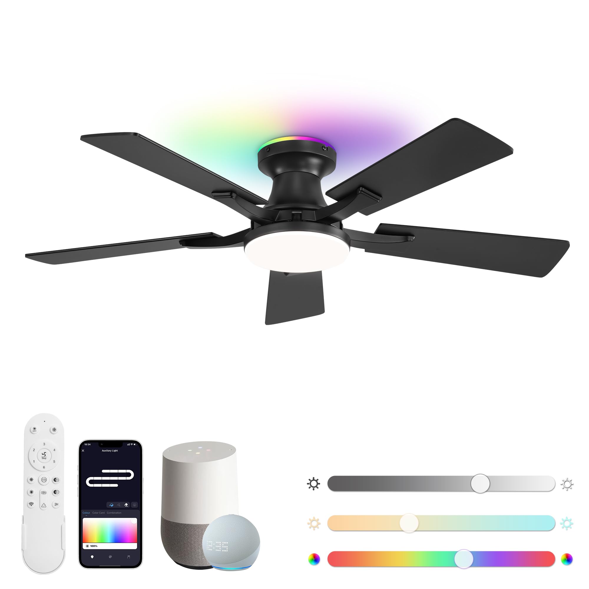 Photo 1 of ZMISHIBO 42 Inch Ceiling Fans with RGB Lights, Low Profile Flush Mount Ceiling Fan with Alexa/App/Remote, Dimmable 20W LED Light, Black Modern Fan for Living Room, Bedroom, Game Room
