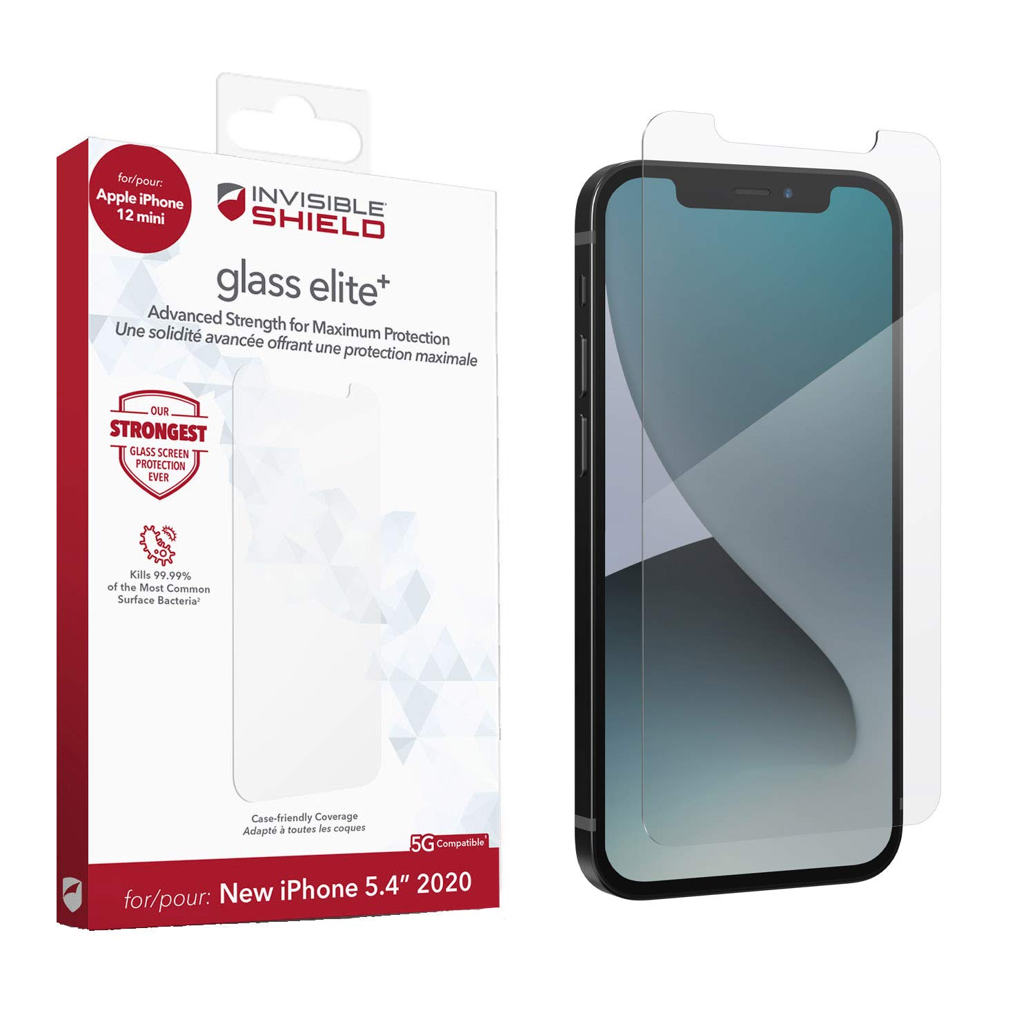 ZAGG InvisibleShield Glass Elite+ for the Apple iPhone 12 mini (Screen)- Anti-microbial, Impact Protection, Smudge Free, Scratch Resistant