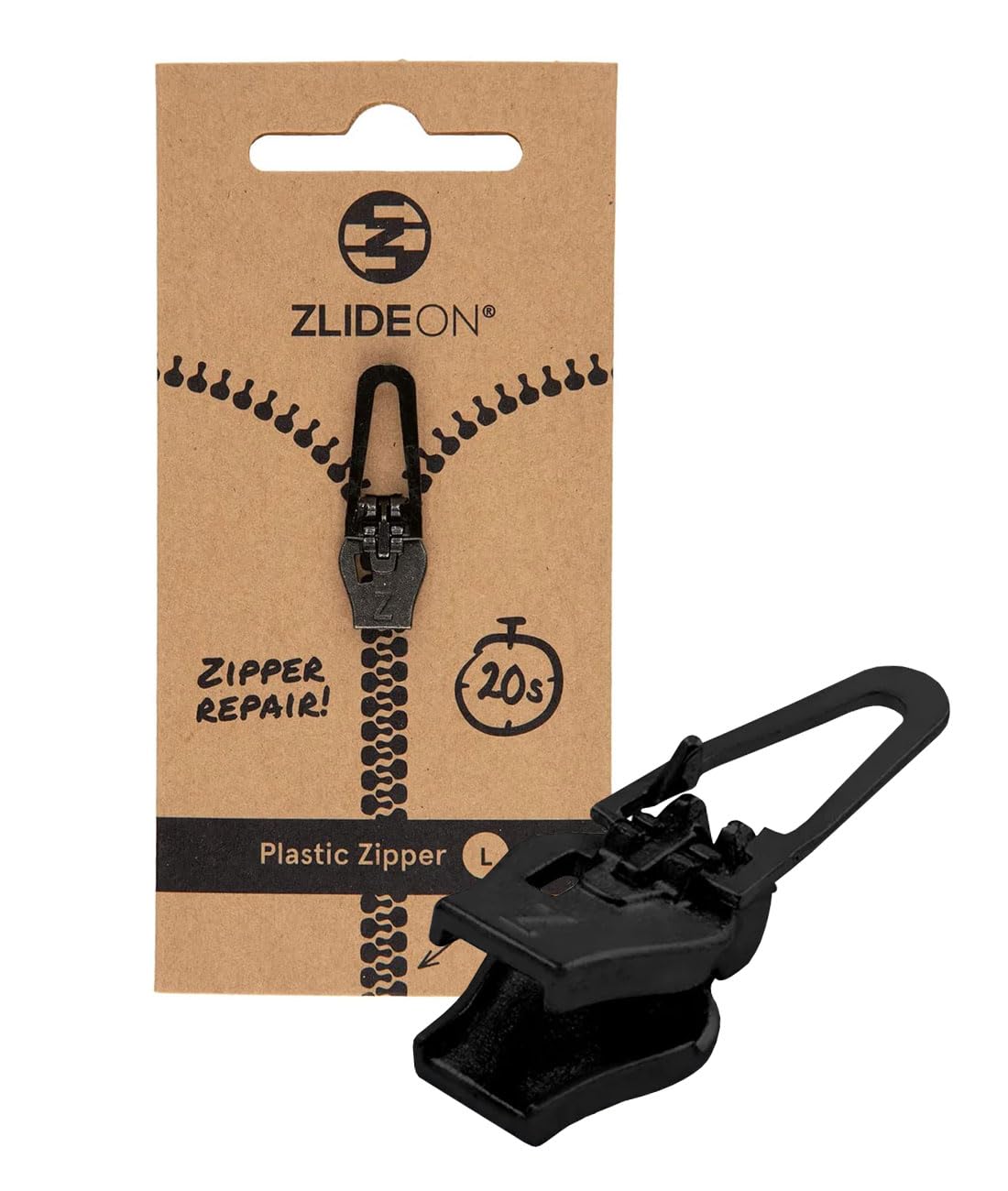 ZlideOn Zipper Pull Replacement - Black, Normal (L) - Instant Zipper Replacement Slider for Plastic Zippers