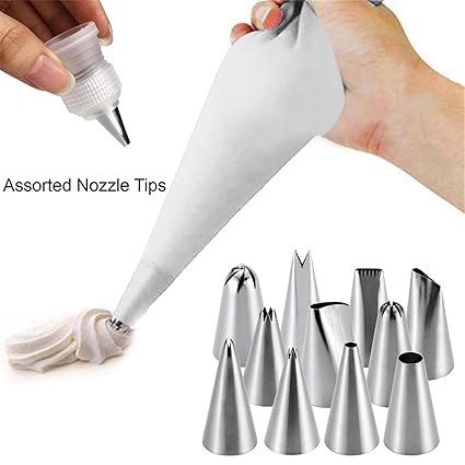Granth Enterprise Stainless Steel Icing Nozzles Cake Piping Bag with 1 Coupler for Decorating Frosting Cupcake Pastry Desserts (Set of 12)