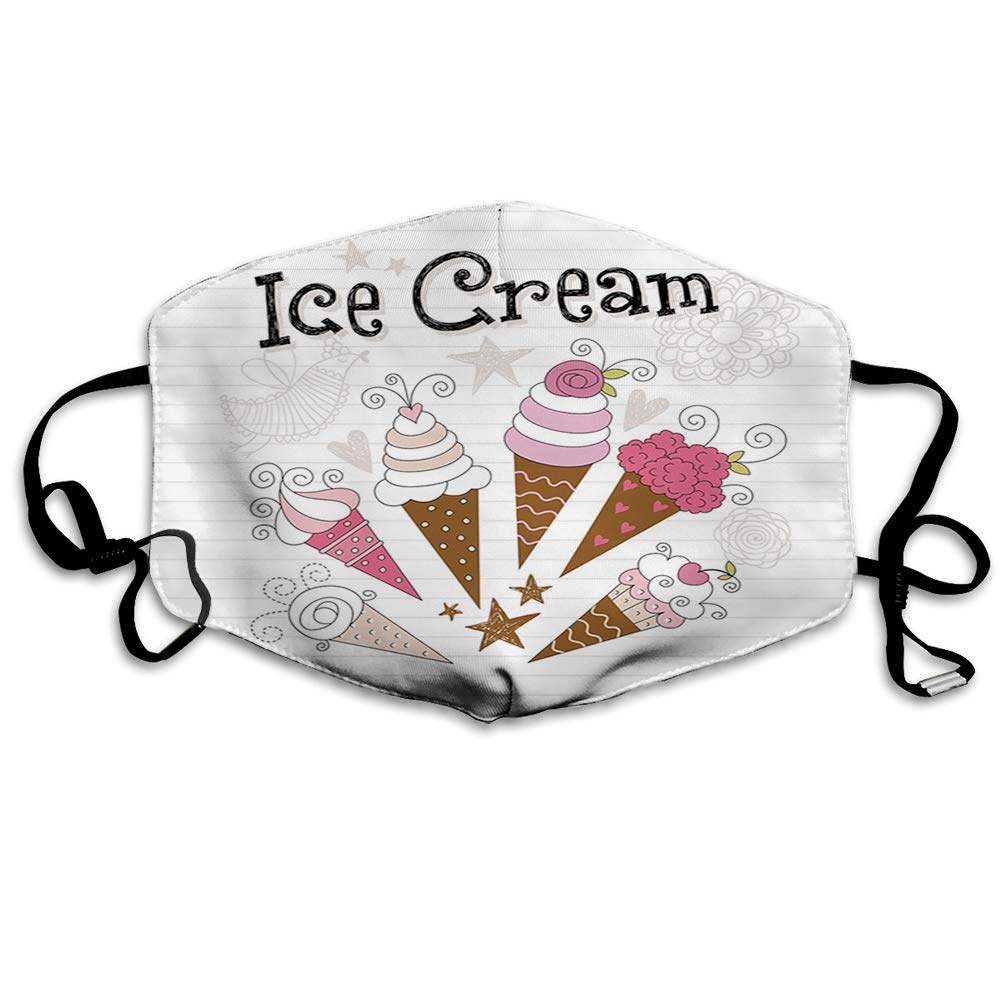 Comfortable Printed mask,Artistic Strawberry and Vanilla Ice Cream Flowers Hearts Stars Bird Doodle,Windproof Facial decorations for man and woman