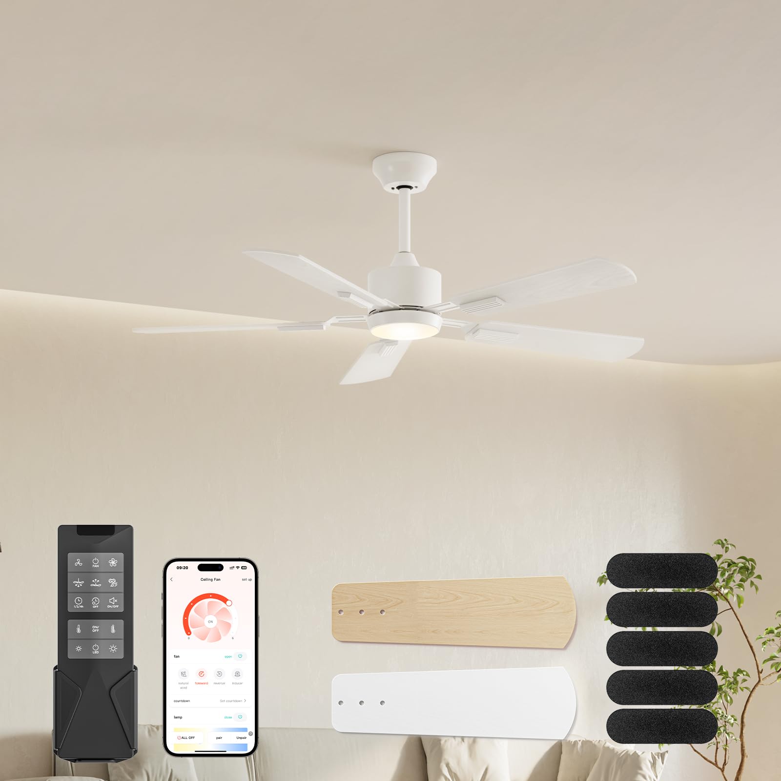 CubiCubi Ceiling Fans with Lights, 52 inch Gray Ceiling Fan with Light and Remote/APP, Dimmable, Super Quiet, Modern Ceiling Fan for Indoor Bedroom, Living Room, Kitchen