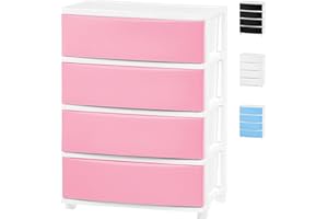 IRIS USA Plastic Drawer Storage Organizer, 4-Drawers, for Art Supplies Bathroom Dorm Bedroom Laundry Room, Wide, White Frame with Matte Pink Front Panels