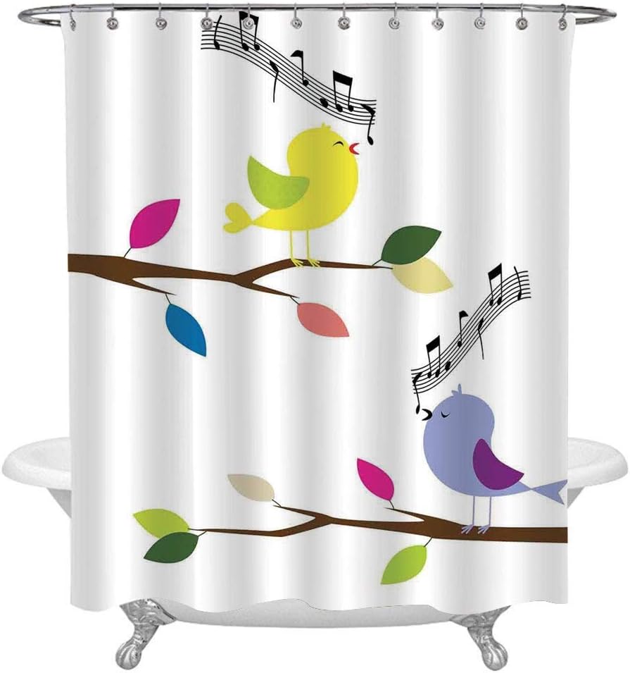 Amazon 飛んでいる鳥の装飾バスカーテン 木の上で歌うかわいいカラフルな鳥のイラスト最高の幸福のマスコット浴室用の芸術的なユーモアファブリックシャワーカーテン フック付き 48x72in マルチ 165x180 Cm シャワーカーテン ホーム