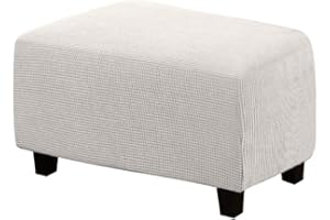 VIENLOVE Rectangle Ottoman Slipcover Polyester Blend Footstool Protector Covers Stretch with Elastic Bottom Feature Textured Machine Washable Jacquard Fabric (Ivory, Large Size)