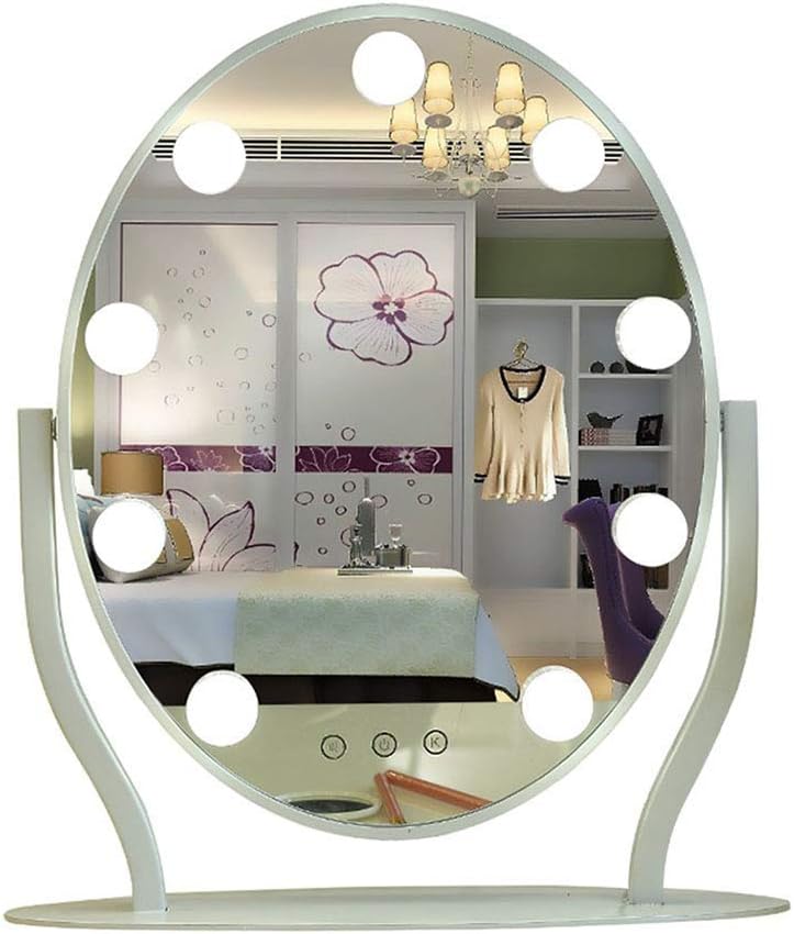 JXQ Mirror Desktop Oval LED Makeup Mirror With Light Bulb Creative Portable Vanity Mirror Professional HD Makeup Light Self-timer Mirror,White