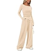 PRETTYGARDEN Women's 2 Piece Lounge Sets Asymmetrical Long Sleeve T Shirt Wide Leg Pants Casual Outfits Tracksuit