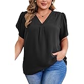 Women's Plus Size Casual Blouses Solid Business Work Tops Petal Short Sleeve V Neck Loose Fit T Shirt Summer Trendy 2026