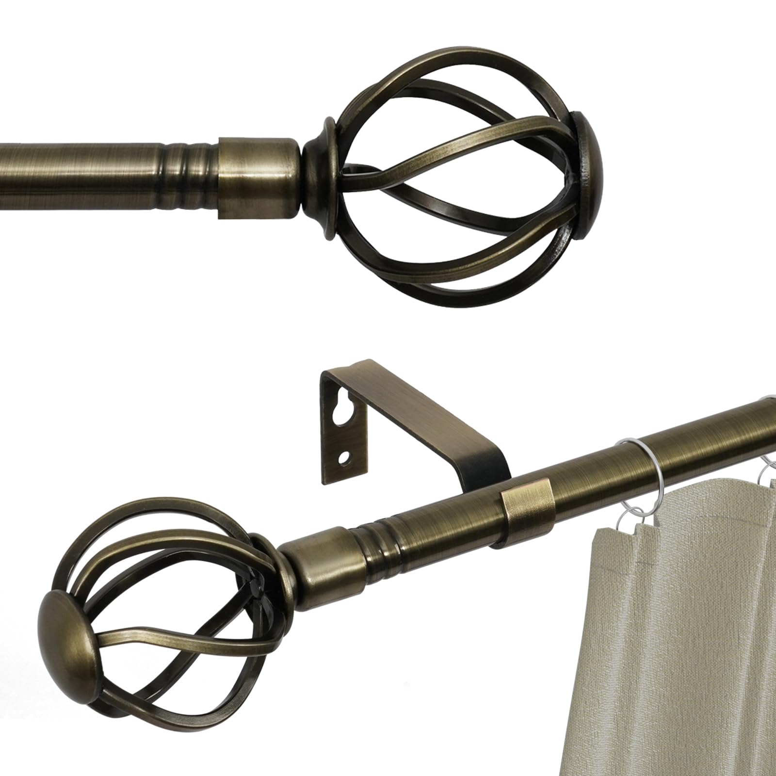 Photo 1 of Antique Brass Curtain Rod 66 to 120 inch, 5/8 inch Curtain Rod Set with Twisted Finials Ends, Heavy Duty Drapery Rod for Outdoor Patio, Sliding Glass Door, Bedroom, Living Room - Brushed Brass