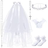 Funtery 6 Pcs First Communion Veils Girls Catholic Set | 1st Communion Wreath Veil Headpiece Sock Necklace Bracelet Kid Wedding