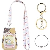 NEWEST Cute Cat ID Badge Holders with Lanyard Keychain Key Ring, PU Leather Luggage Tag for Suitcase with Metal Loop, Lovely Animal ID Card Name Tag Identifier for Nurse Teacher Student Staff