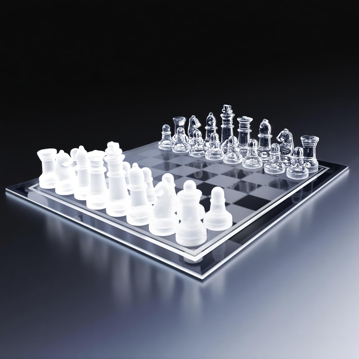 Paiaojia Fine Glass Chess Set - Solid Glass Chess Pieces and Crystal Mirror Chess Board 10 X 10 Inches - Gift for Teenagers and Adults,Black