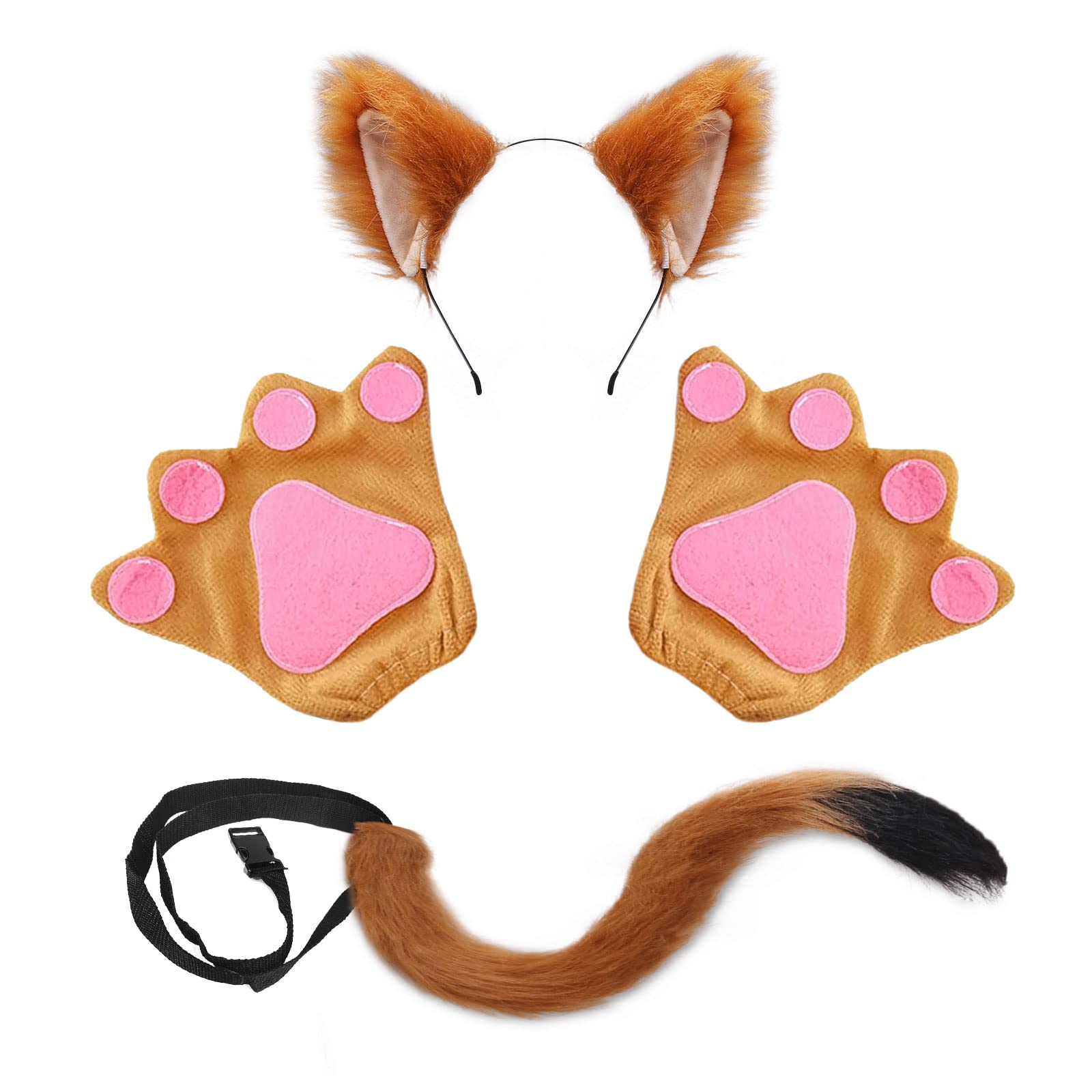 TSHAOUN 4 Pieces Fox Costume Set Included Faux Fox Ears Headband Fox Tail Fox Paw Gloves Animal Costume for Kids Girls Fancy Dress Up Fox Cosplay Costume Children Halloween Stage show Costume (Fox)