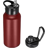 VQRRCKI 32 oz Insulated Water Bottle with Straw Lid & Wide Mouth Lids, Stainless Steel Sports Water Bottles, Double Walled Vacuum, Leak Proof, Red