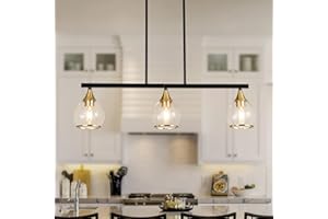 ZOAKLIGHEN Island Light for Kitchen, 3-Light Black and Gold Kitchen Island Farmhouse Linear Hanging Pendant Chandeliers, Matte Black Dining Room Light Fixture Over Table with Clear Round Glass Shades