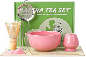 QINGSHI Matcha Whisk Set, 7 Pcs Matcha Kit with Matcha Bowl, Spout, Whisk and Holder, Bamboo Scoop and Stainless Steel Sifter, Japanese Matcha Set for Ceremony, Gift for Matcha Lover