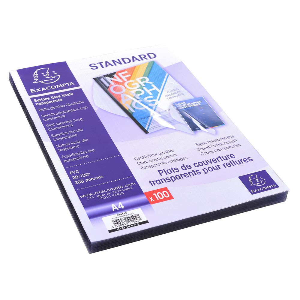 Exacompta - Ref 42542E - PVC Transparent Covers for Presentation Binders - Suitable for Storing A4 Documents, 0.2mm Thick Material - Clear (Pack of 100)