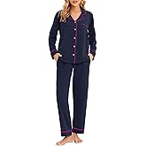LUBOT 100% Cotton Pajamas for Women PJ Set Soft Button-Down 2 Piece Set Knitted Long Sleeve Sleepwear Loungewear XS-XXL