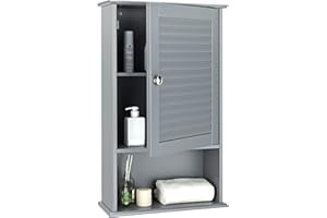 Tangkula Medicine Cabinet, Wall Mounted Bathroom Cabinet Single Door Wooden Bathroom Wall Cabinet with Adjustable Shelf (Grey)