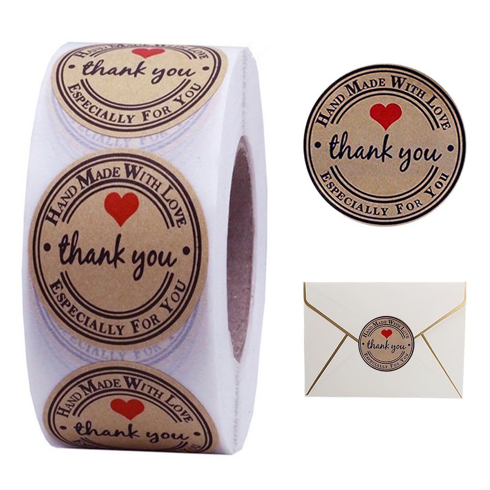 Photo 1 of 1.5 Inch Handmade with Love Stickers,500Pcs Thank You with Love Heart Sticker Baked Stickers Paper Lables Tags for Baking Packaging,Homemade Gift,Envelope Seals,Party Gift Wrap Bag (Brown01)