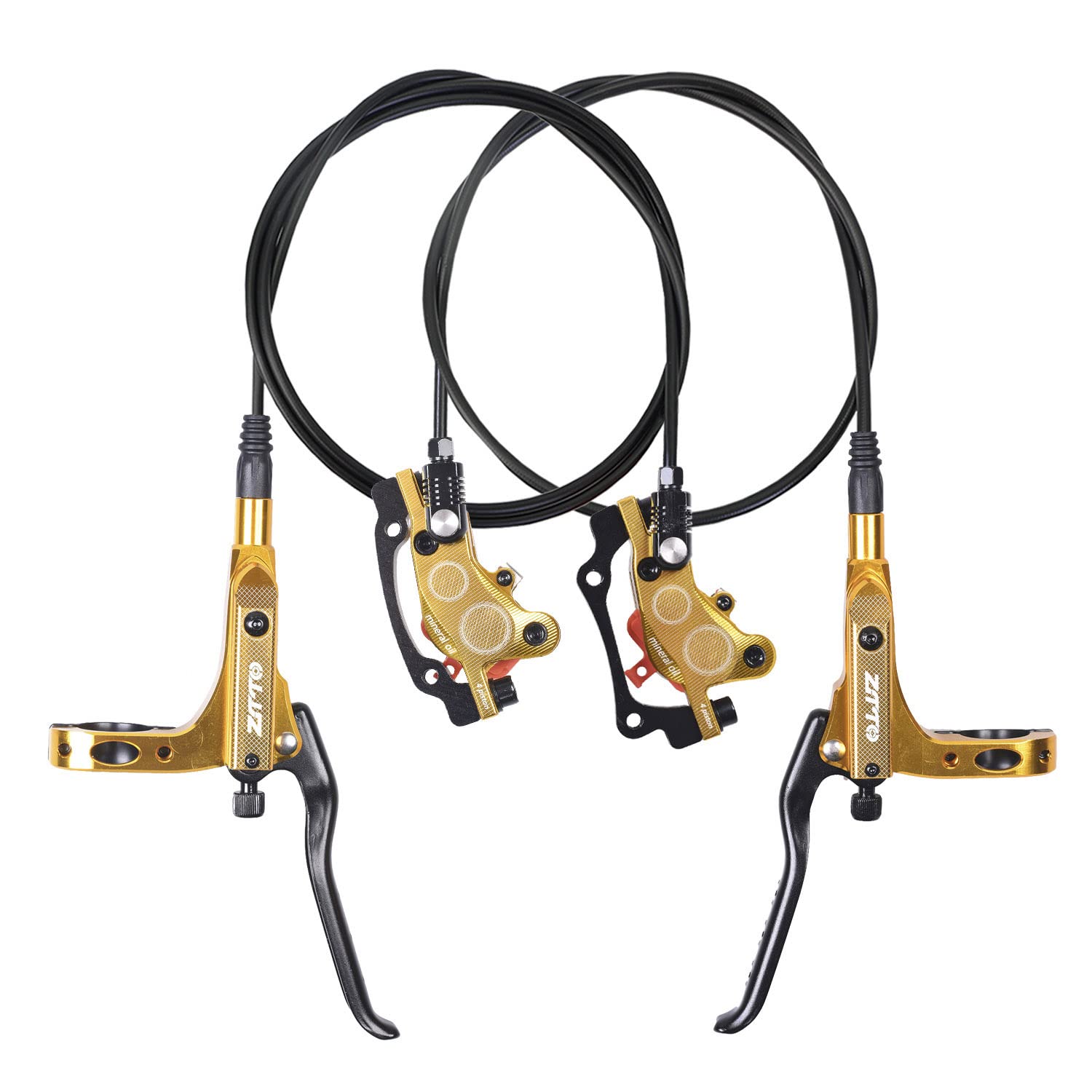 ThinkTop Bike 4 Piston Hydraulic Disc Brake, CNC Machining MTB Bicycle Oil Pressure 4 Piston Driving Brake Caliper, Left (Front) 800/Right (Rear) 1400mm (Gold)