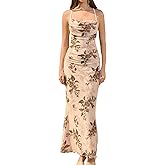 URYIAO Women's Summer Floral Spaghetti Strap Maxi Dress Sleeveless Ruched Mesh Bodycon Long Wedding Guest Dresses