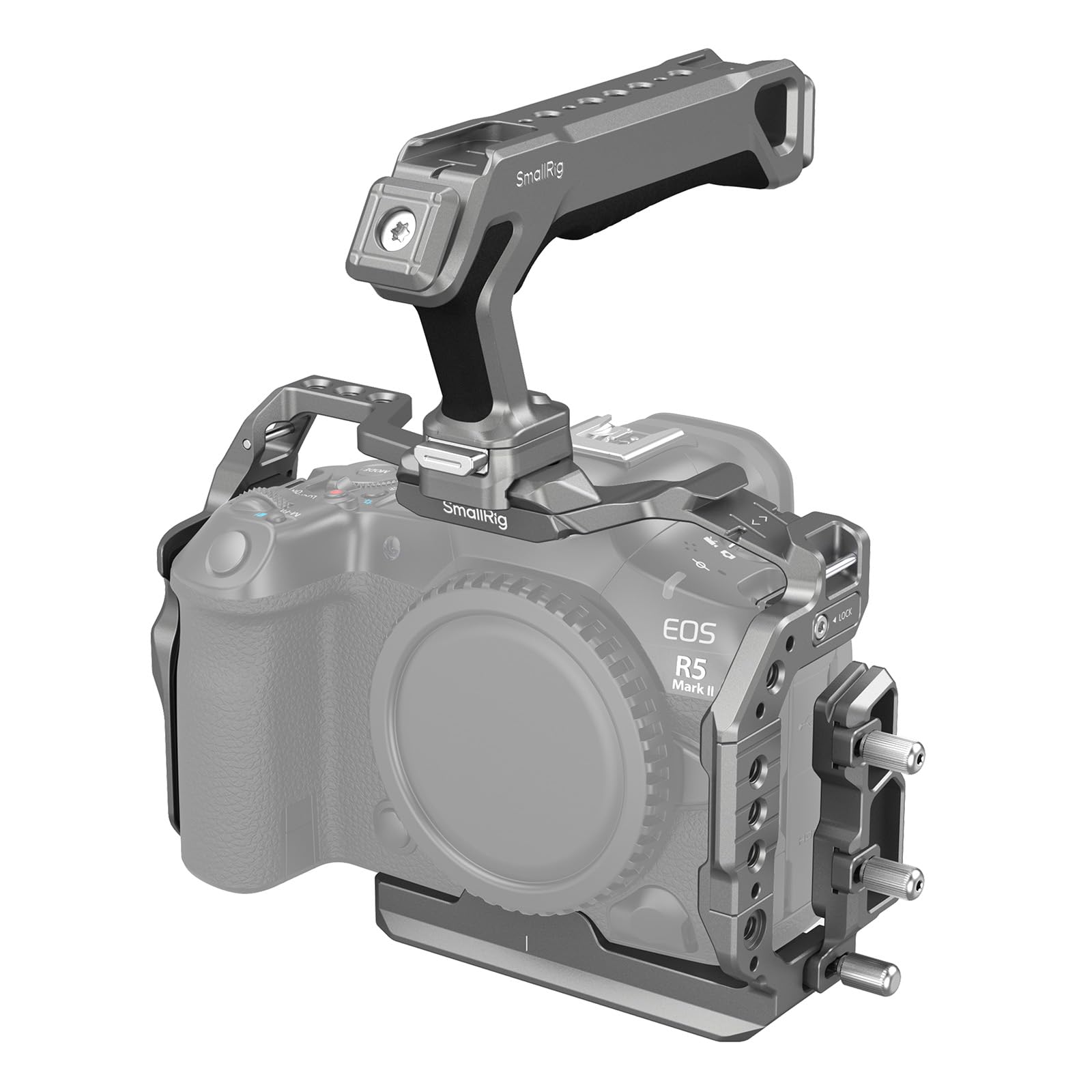 SMALLRIG HawkLock Quick Release Cage Kit for Canon EOS R5 Mark II with Top Handle and Cable Clamp for HDMI & USB-C, Tempered Screen Protector, Multiple Mounting Points, Titanium Gray - 5029