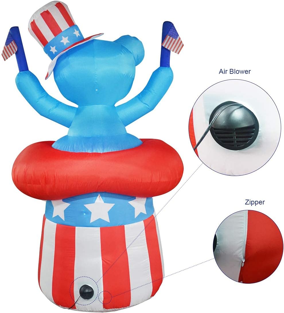 GOOSH 6.5 ft Tall Independence Day Inflatable Bear with Star Spangled Top Hat and American Flag Blowup Inflatables with Build-in LED Lights for Party Indoor,Outdoor,Yard,Garden,Lawn Decorations: Garden & Outdoor