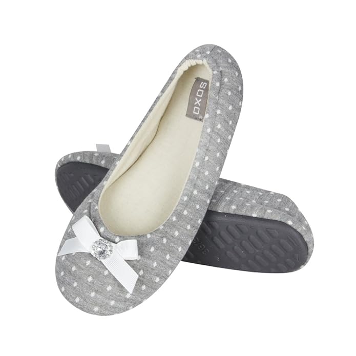 soxo Hausschuhe Damen Ballerina | Grau oder Pink Pantoffeln mit Süßer Bogen und Diamant für Frauen | Elegant und Bequem Hütte