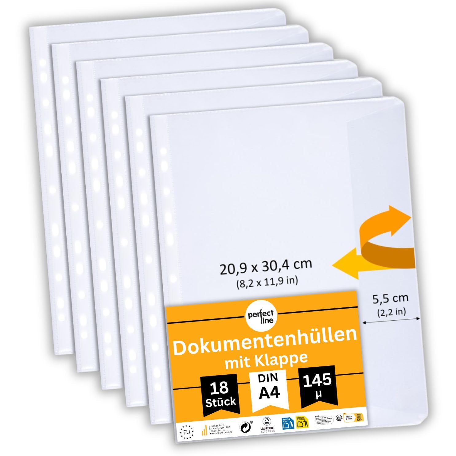 perfect line - 18 Document envelopes with Cover Flap DIN-A4 - Punched Pockets - Plastic Sleeves for A4 Paper - Sturdy Premium Clear Sheets, Crystal Clear, Smooth, Extra Strong, Made in EU