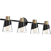 URSOLA Bathroom Light Fixtures, 4 Lights Bathroom Lighting Fixtures Over Mirror, 28.34 inch Black and Gold Design with Bevell