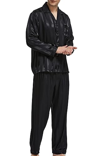 Men's Satin Pajamas Long Button-Down Pj Set Sleepwear Loungewear