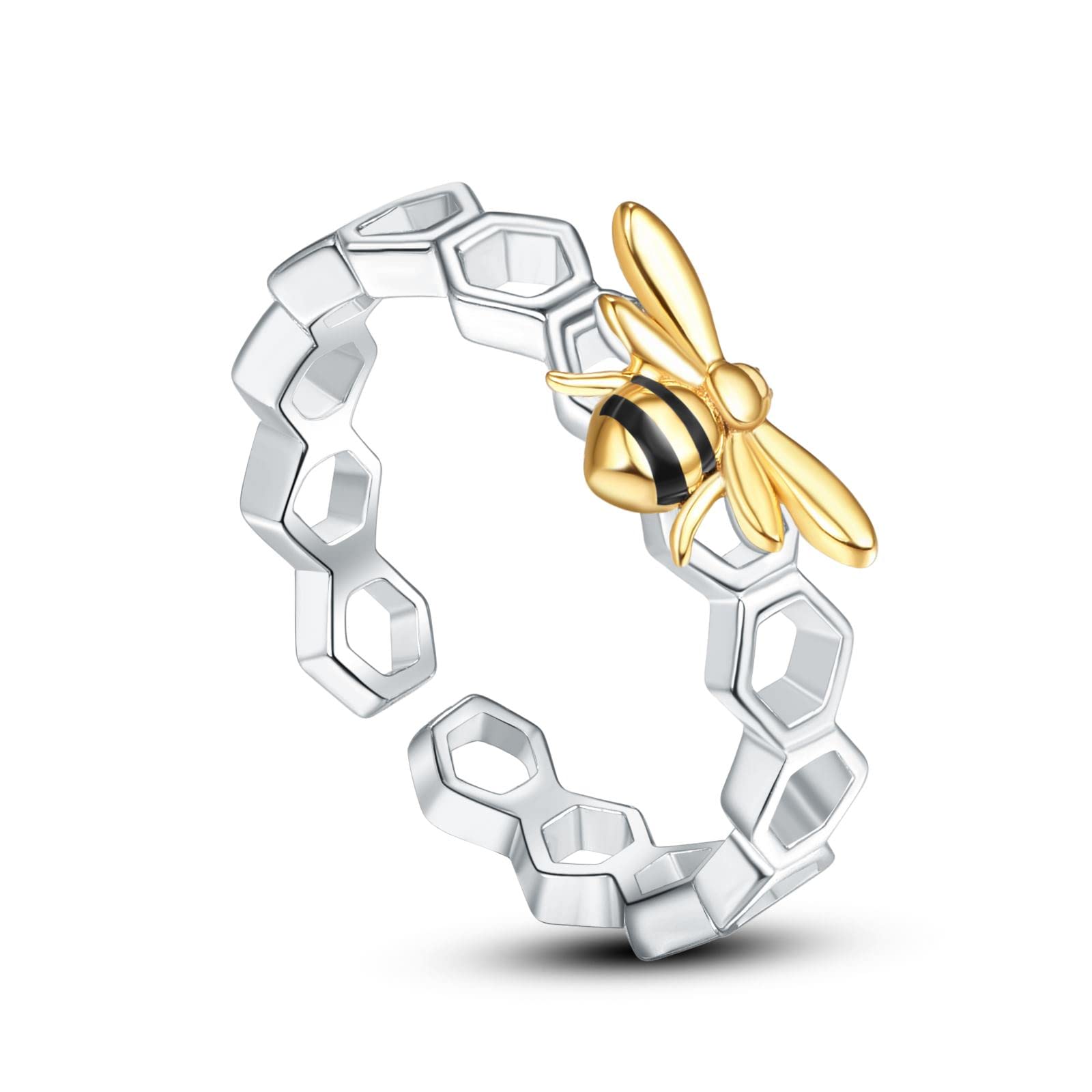 KINGWHYTE Bee Ring 925 Sterling Silver Honeycomb Bumblebee Rings Adjustable Gold Bee Open Rings Cute Animal Nature Beehive Jewellry Birthday Christmas Gifts for Women Girl