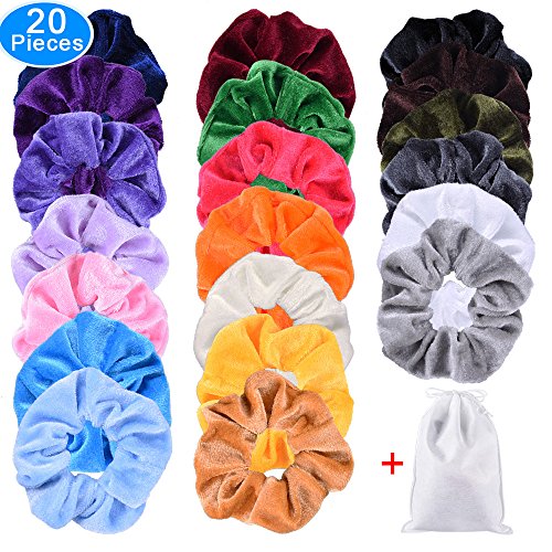 EAONE 20 Pack Hair Scrunchies Velvet Elastics Hair Ties Bright Colorful Scrunchy Bobbles Bands, 20 Colors