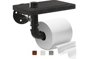 Helntova Industrial Pipe Wall Mounted Toilet Paper Holder with Shelf - Rustic Wood and Metal Bathroom Tissue Roll Holder, Farmhouse Decor for Bathroom-Black