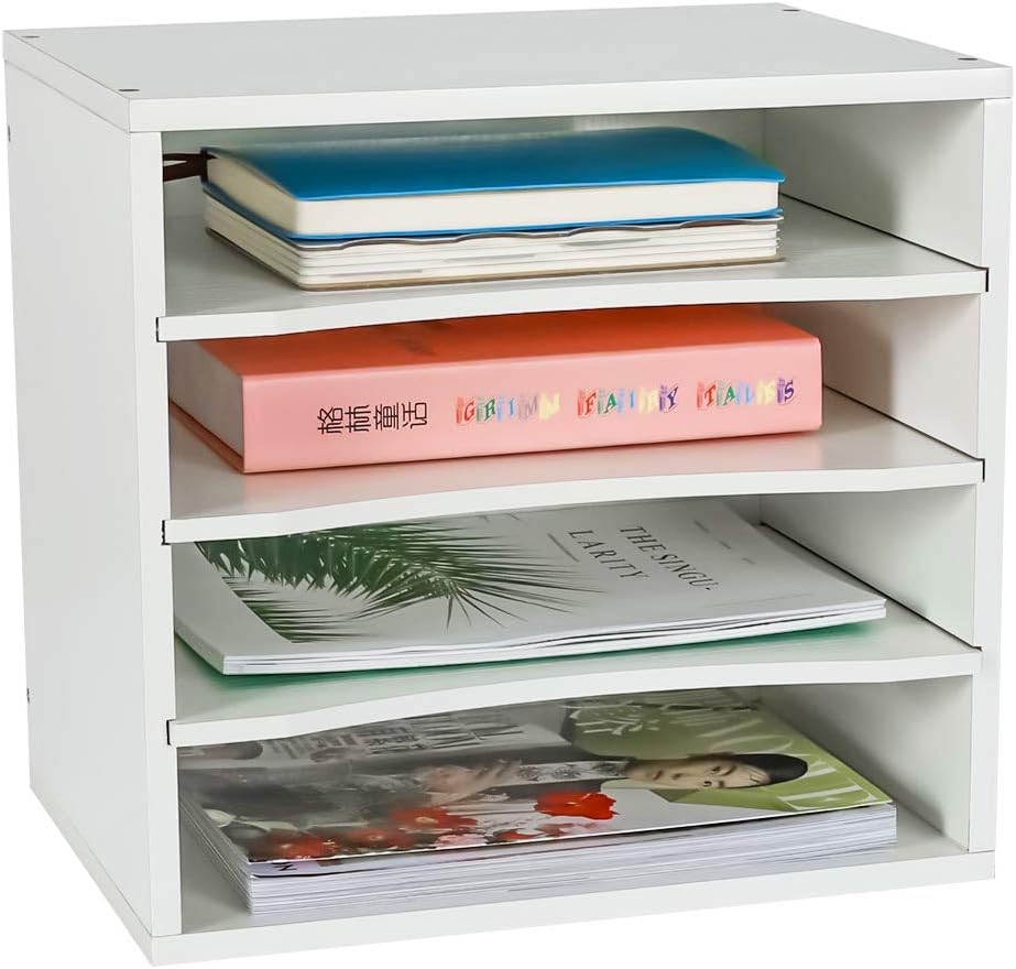 PAG Office Supplies Desk Organizer Wood File Mail Sorter with 3 Adjustable Drawer Boards, White