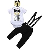 vivifayee Baby Boy 1st Birthday Outfits Short Sleeve Bow Tie Romper Pants Set Suspender with Hat One Year Old Clothes