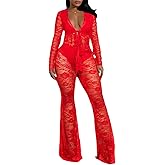 acelyn 2 Piece Lace Outfits For Women Floral Sheer Tie Frone Long Sleeve Crop Top and Flared Pants Y2K Club Outfit