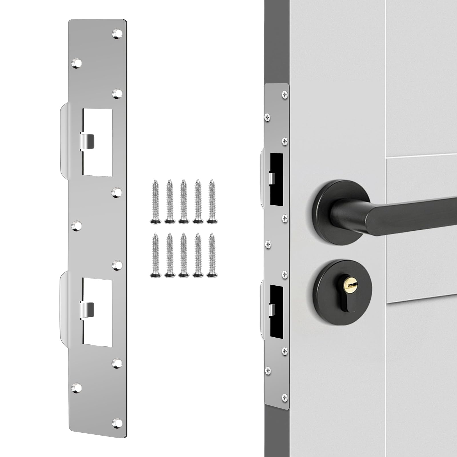 Metal Latch Plate Door Lock, Double Holes Door Latch Security Plates Reinforcement Door Striker Plates for Interior Door, Security Door Lock for Bathroom and Toilet Doors (1Pack - Silver)