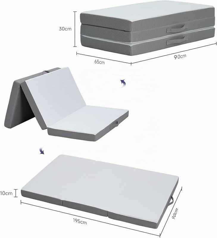 - Colchão dobrável, colchão de chão, colchão dobrável em 3 peças, espuma extra espessa, esponja de alta densidade com dureza H3, Oeko Tex Standard, 90 x 195 x 10 cm