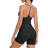 OMKAGI 2 Piece Workout Sets for Women Cute Y Back Tank Tops Booty Shorts Outfits with Pockets