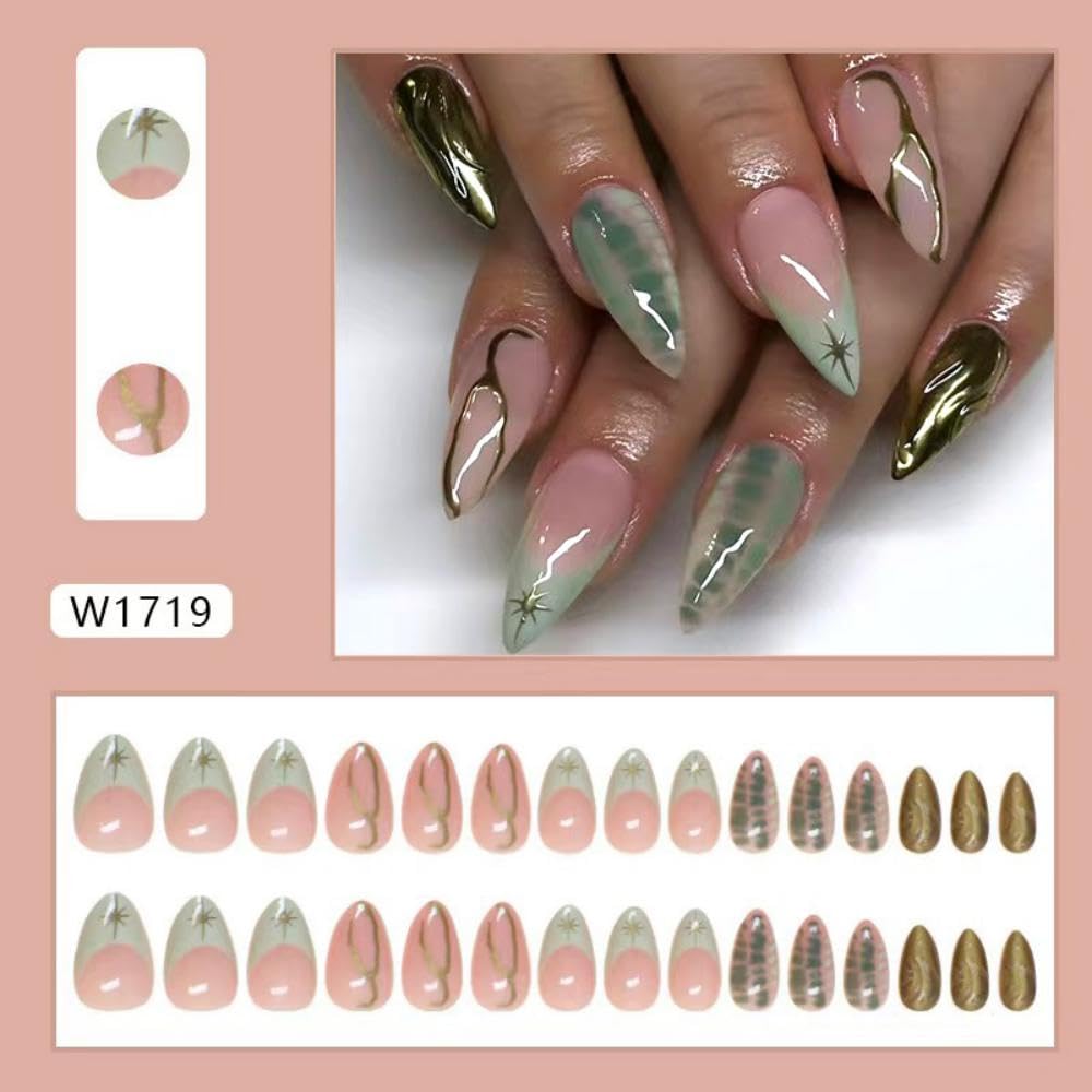 Green French Tip Press on Nails Short Almond Fake Nails Gold Line False Nails with Design Star Glue on Nails Glossy Artificial Acrylic Nail Full Cover Nude Stick on Nails for Women Manicure 30Pcs - Image 3